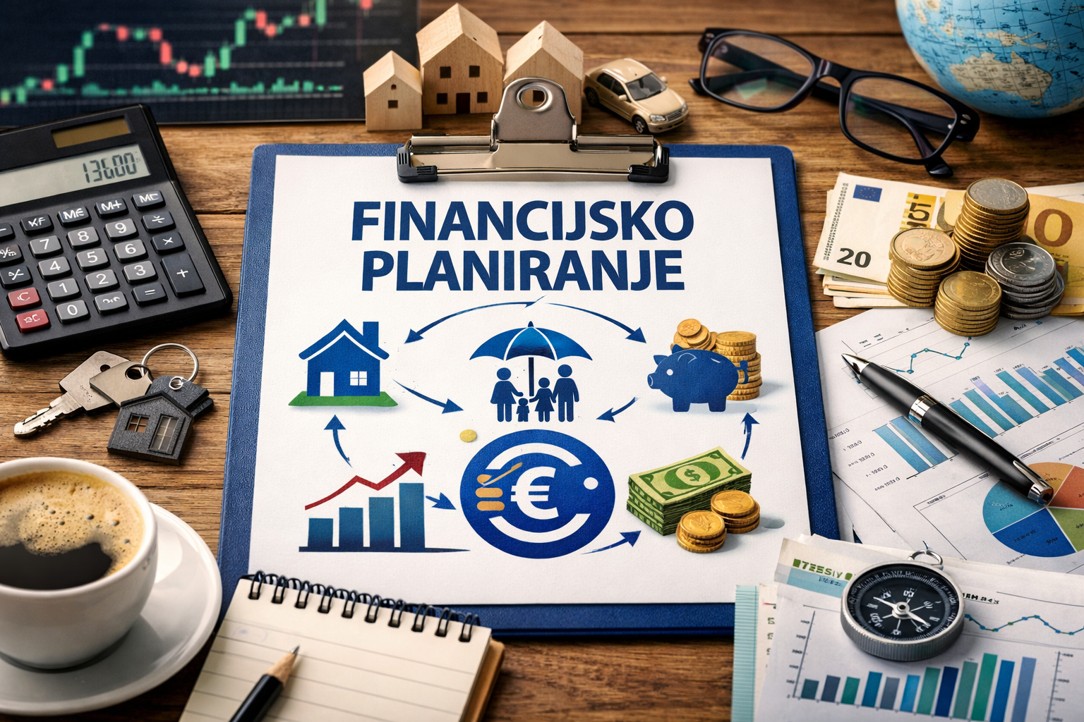 Financijsko planiranje na radnom stolu: kalkulator, euro novčanice i grafikoni, simboli kredita, štednje, osiguranja i ulaganja.