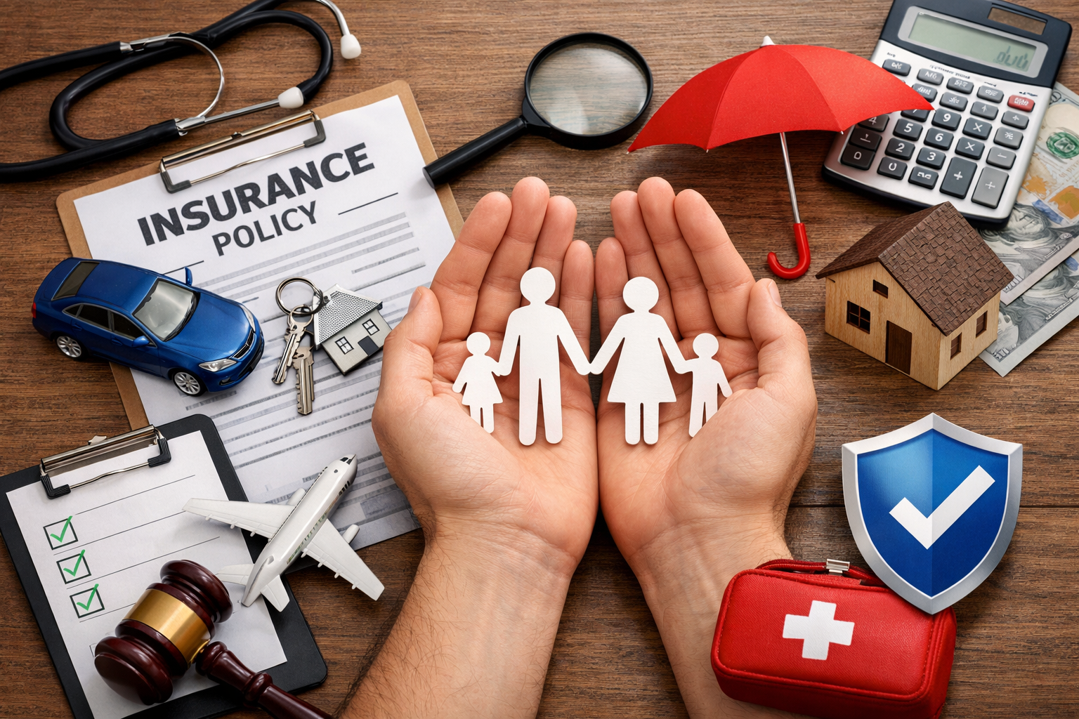 Ruke štite papirnatu siluetu obitelji okruženu simbolima osiguranja: polica osiguranja, kuća, automobil, štit i medicinski pribor.