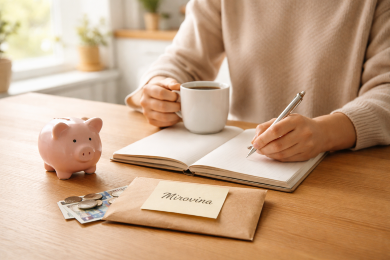 Osoba za kuhinjskim stolom planira mirovinu uz šalicu kave, otvoren notes i olovku, uz “piggy bank” i kuvertu označenu “Mirovina” u prirodnom svjetlu.