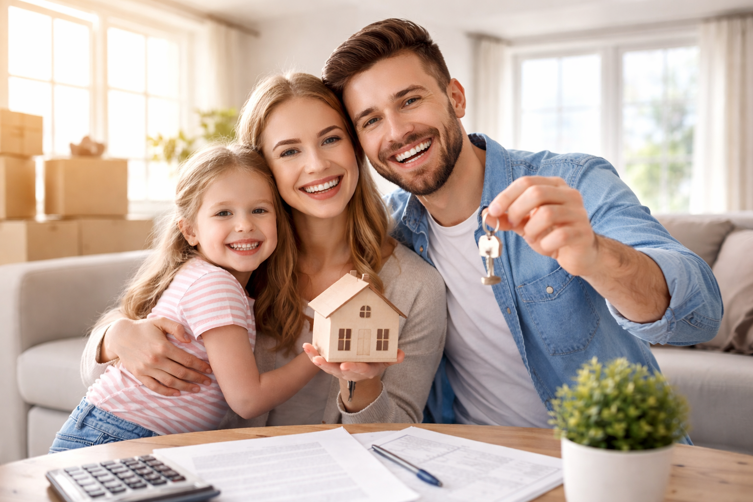 Sretna obitelj s djetetom u svijetlom stanu drži ključeve i maketu kuće, simbol kupnje nekretnine i useljenja.